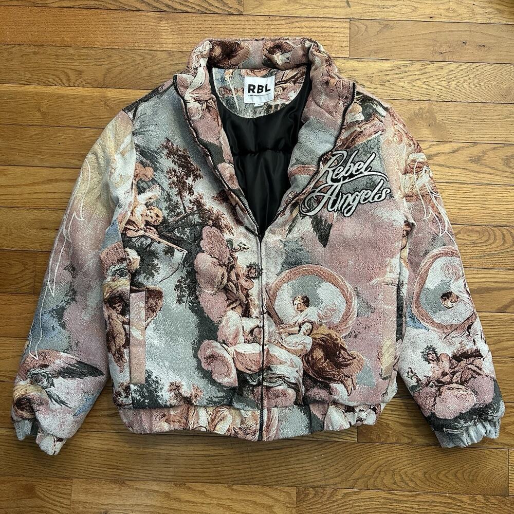 Rebel Minds Angels Tapestry Blanket Full Zip Puffer Jacket Medium
